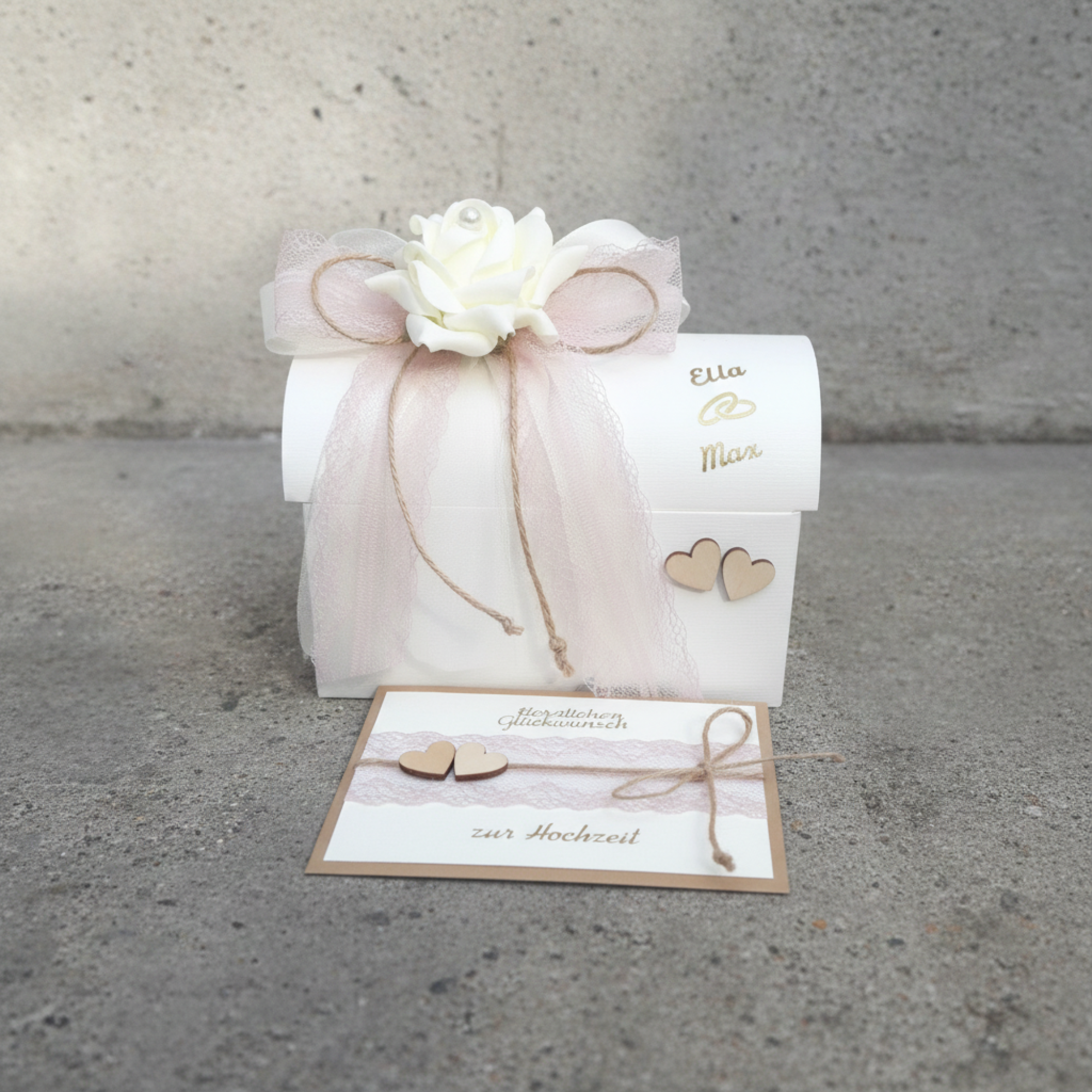 Geschenkbox + Glückwunschkarte Geldgeschenk Hochzeit vintage altrosa creme personalisiert